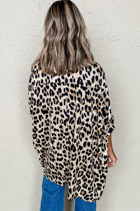 Effortless Chic Leopard Print Dolman Sleeve Button Down Blouse