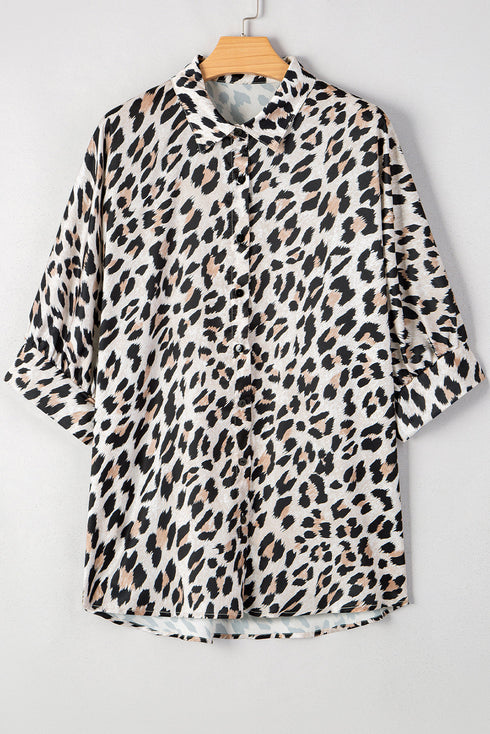 Effortless Chic Leopard Print Dolman Sleeve Button Down Blouse