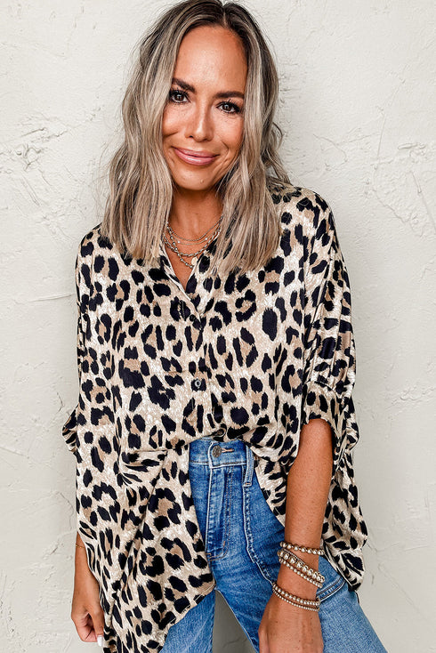 Effortless Chic Leopard Print Dolman Sleeve Button Down Blouse