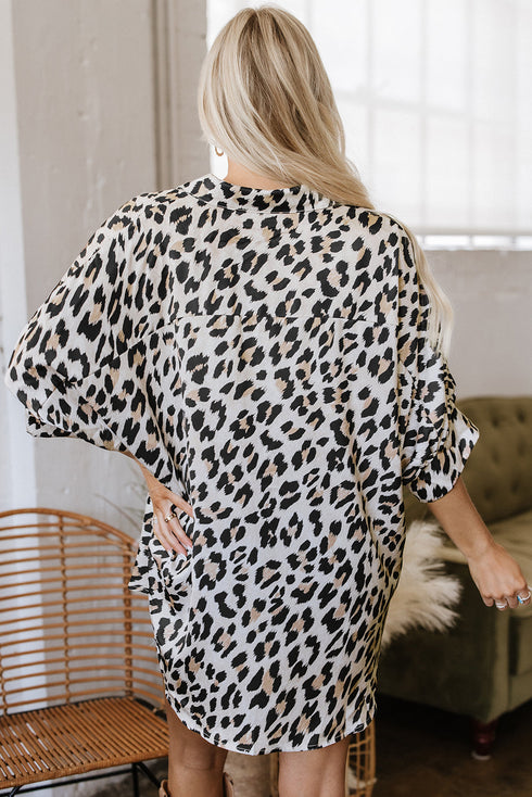 Effortless Chic Leopard Print Dolman Sleeve Button Down Blouse