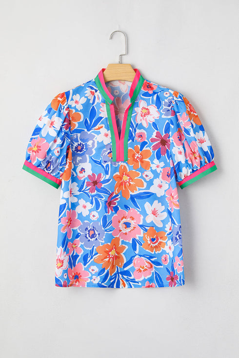 Effortless Chic Puff Sleeve Floral Print Split Neck Blouse
