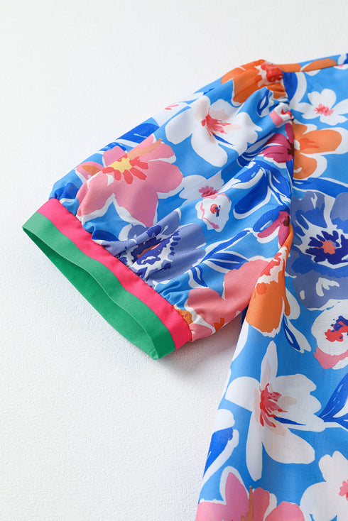 Effortless Chic Puff Sleeve Floral Print Split Neck Blouse