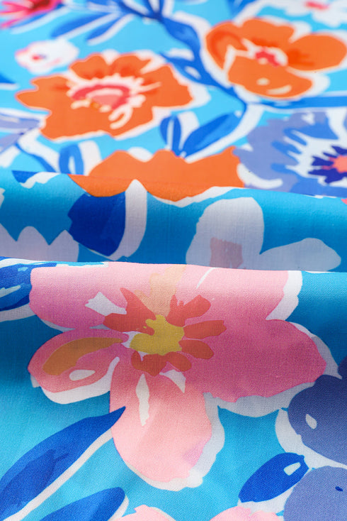 Effortless Chic Puff Sleeve Floral Print Split Neck Blouse