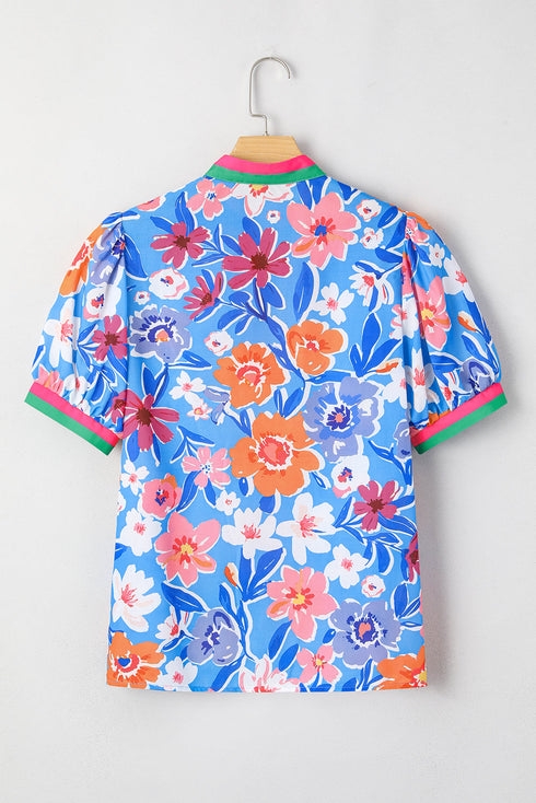 Effortless Chic Puff Sleeve Floral Print Split Neck Blouse