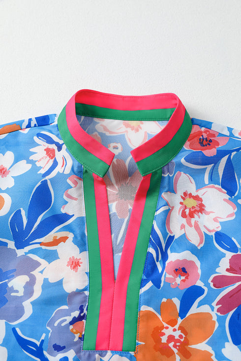 Effortless Chic Puff Sleeve Floral Print Split Neck Blouse