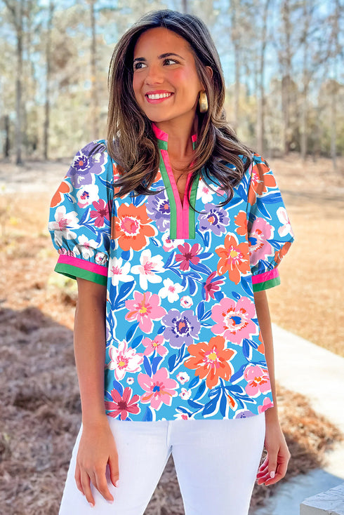 Effortless Chic Puff Sleeve Floral Print Split Neck Blouse