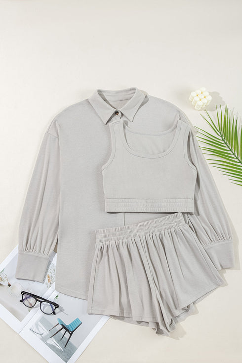 Effortless Comfort Three Piece Crop Top Shorts And Button Down Shacket Set