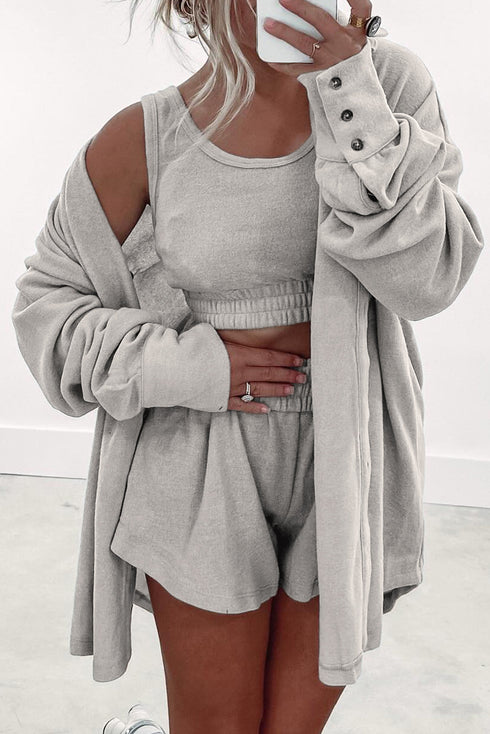 Effortless Comfort Three Piece Crop Top Shorts And Button Down Shacket Set