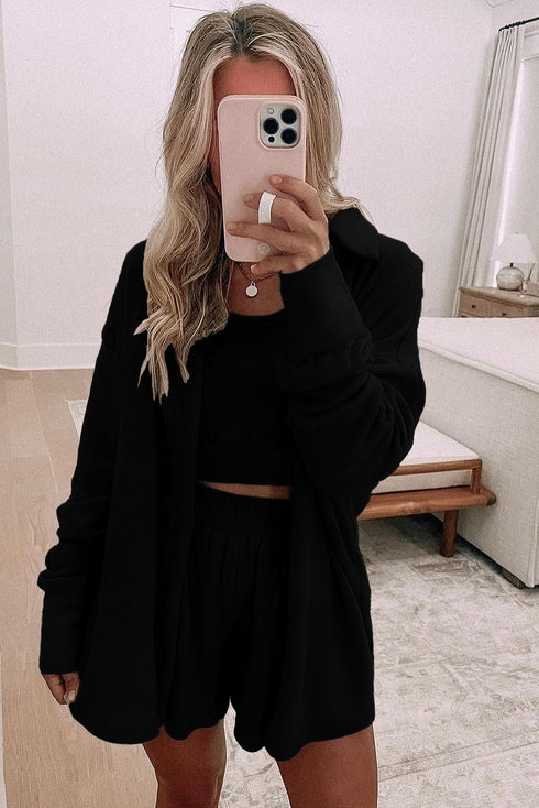 Effortless Comfort Three Piece Crop Top Shorts And Button Down Shacket Set
