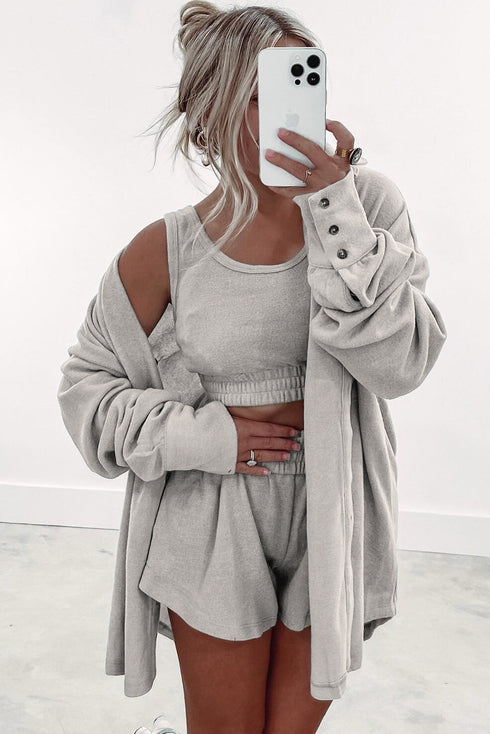Effortless Comfort Three Piece Crop Top Shorts And Button Down Shacket Set