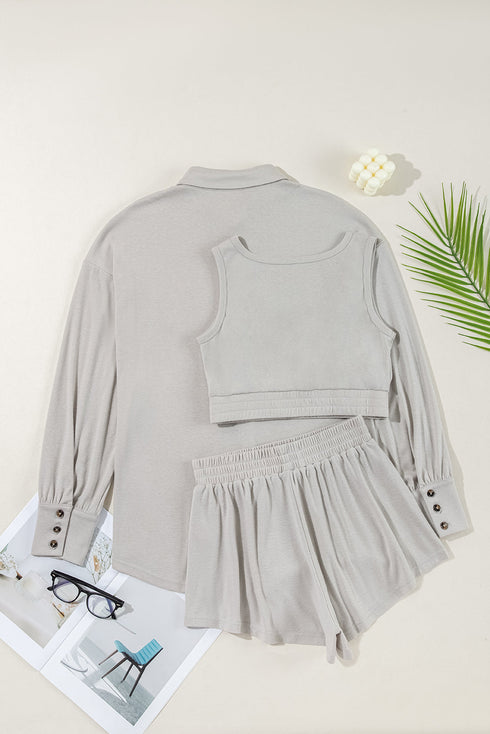 Effortless Comfort Three Piece Crop Top Shorts And Button Down Shacket Set