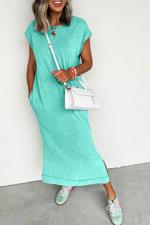 Effortless Cool Mineral Wash Pocketed Side Slit Long T-Shirt Maxi Dress