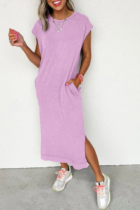 Effortless Cool Mineral Wash Pocketed Side Slit Long T-Shirt Maxi Dress
