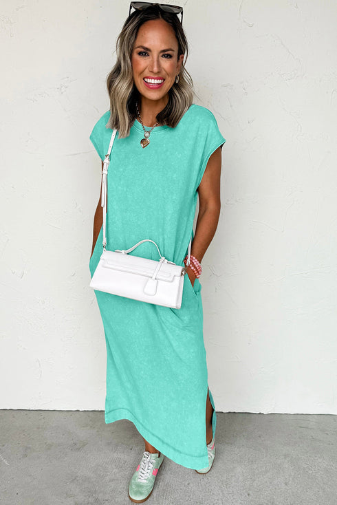 Effortless Cool Mineral Wash Pocketed Side Slit Long T-Shirt Maxi Dress