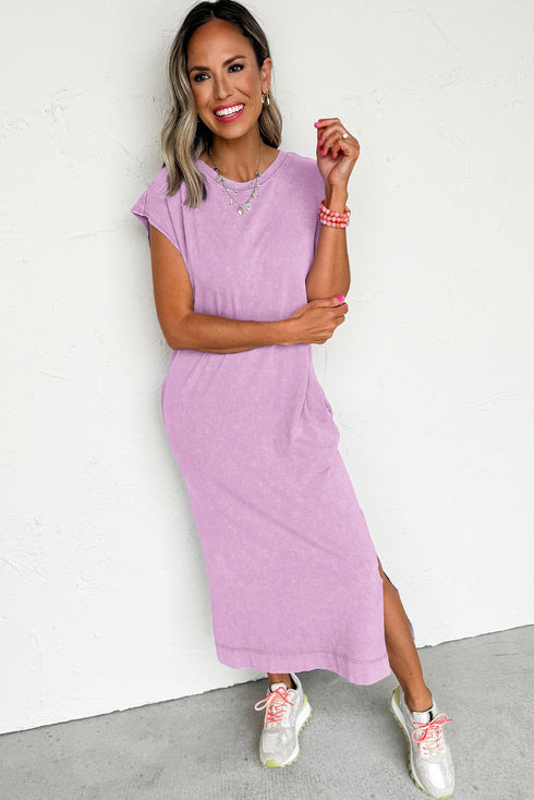 Effortless Cool Mineral Wash Pocketed Side Slit Long T-Shirt Maxi Dress