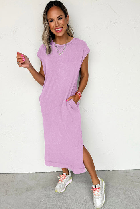 Effortless Cool Mineral Wash Pocketed Side Slit Long T-Shirt Maxi Dress