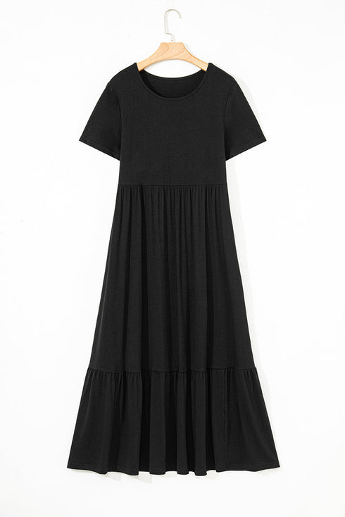 Effortless Solid High Waist Pocketed Short Sleeve Maxi T Shirt Dress