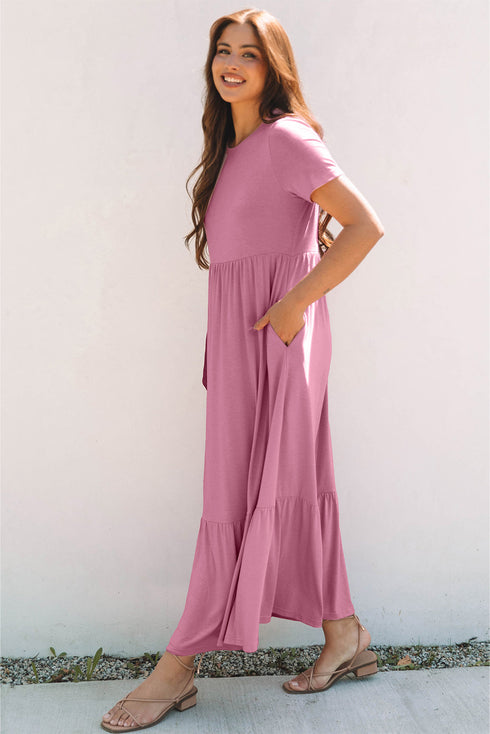 Effortless Solid High Waist Pocketed Short Sleeve Maxi T Shirt Dress