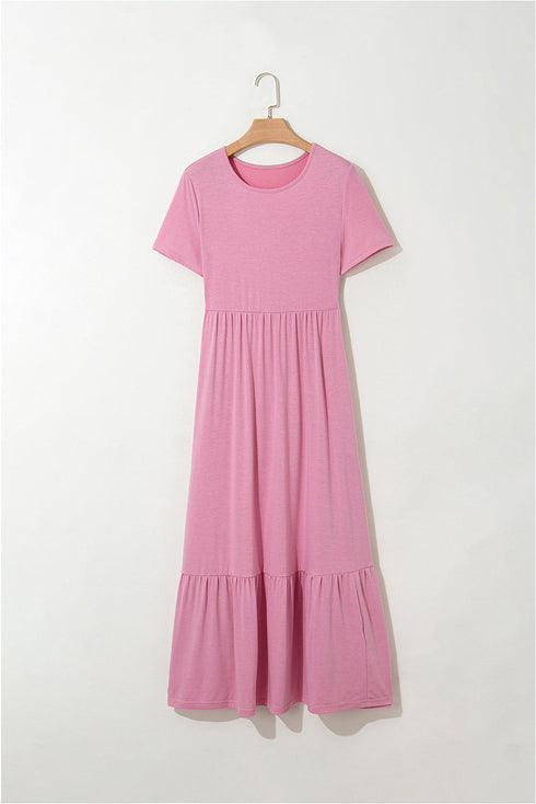 Effortless Solid High Waist Pocketed Short Sleeve Maxi T Shirt Dress