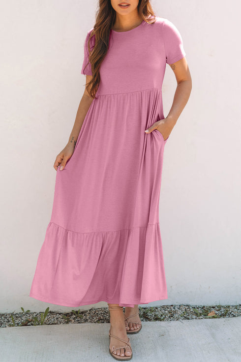 Effortless Solid High Waist Pocketed Short Sleeve Maxi T Shirt Dress
