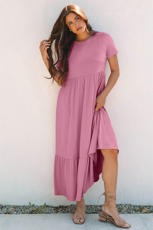 Effortless Solid High Waist Pocketed Short Sleeve Maxi T Shirt Dress