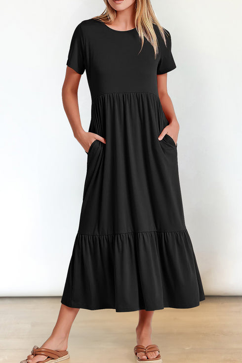 Effortless Solid High Waist Pocketed Short Sleeve Maxi T Shirt Dress