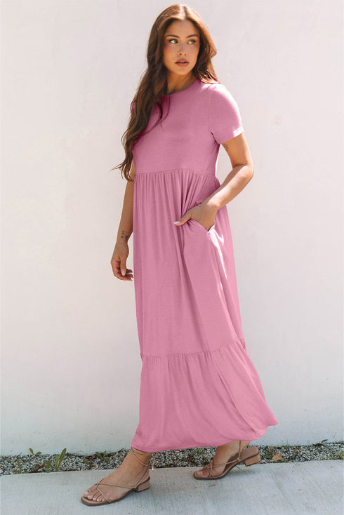Effortless Solid High Waist Pocketed Short Sleeve Maxi T Shirt Dress