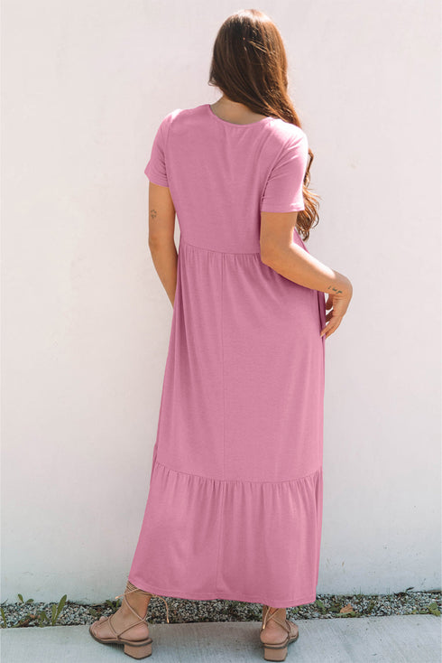 Effortless Solid High Waist Pocketed Short Sleeve Maxi T Shirt Dress