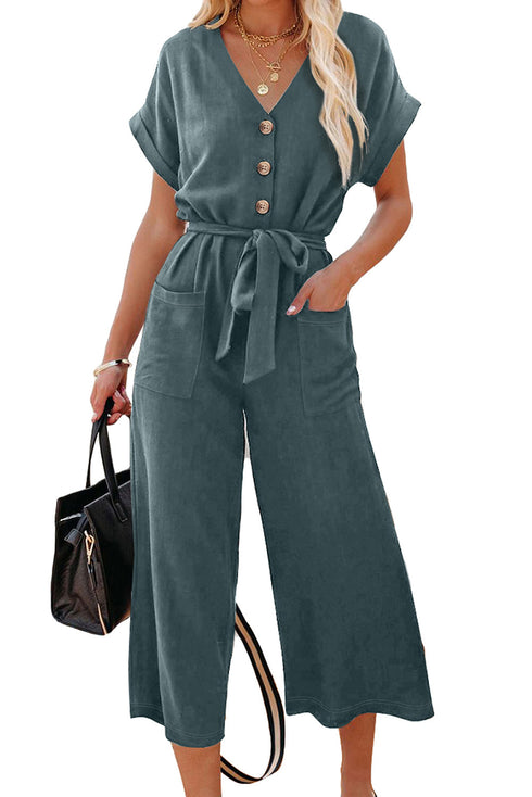 Effortless Style Dolman Sleeve V Neck Button Front Belted Wide Leg Jumpsuit