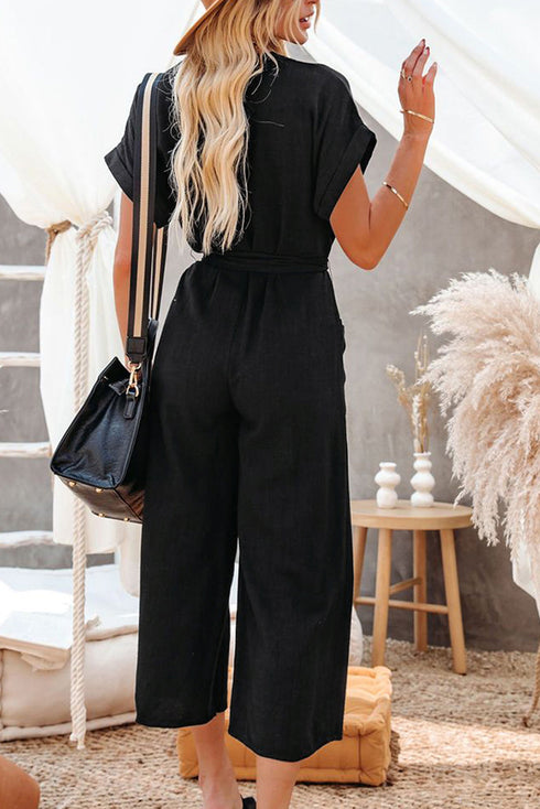 Effortless Style Dolman Sleeve V Neck Button Front Belted Wide Leg Jumpsuit