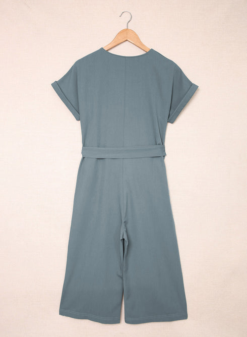 Effortless Style Dolman Sleeve V Neck Button Front Belted Wide Leg Jumpsuit