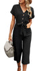 Effortless Style Dolman Sleeve V Neck Button Front Belted Wide Leg Jumpsuit