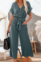 Effortless Style Dolman Sleeve V Neck Button Front Belted Wide Leg Jumpsuit