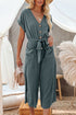 Effortless Style Dolman Sleeve V Neck Button Front Belted Wide Leg Jumpsuit