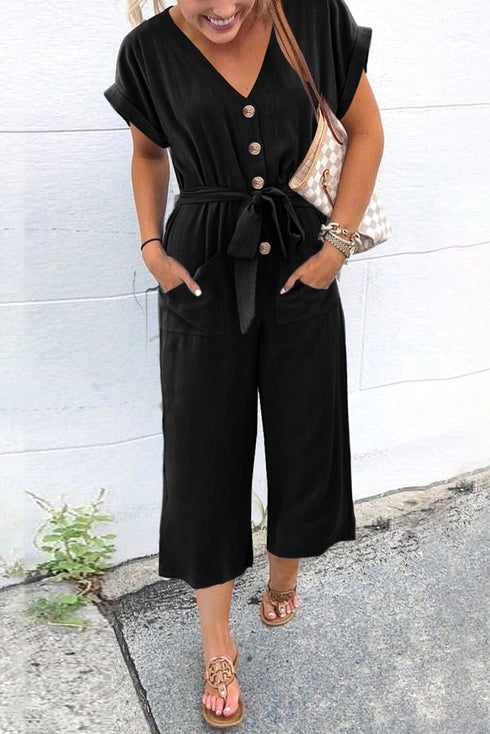 Effortless Style Dolman Sleeve V Neck Button Front Belted Wide Leg Jumpsuit