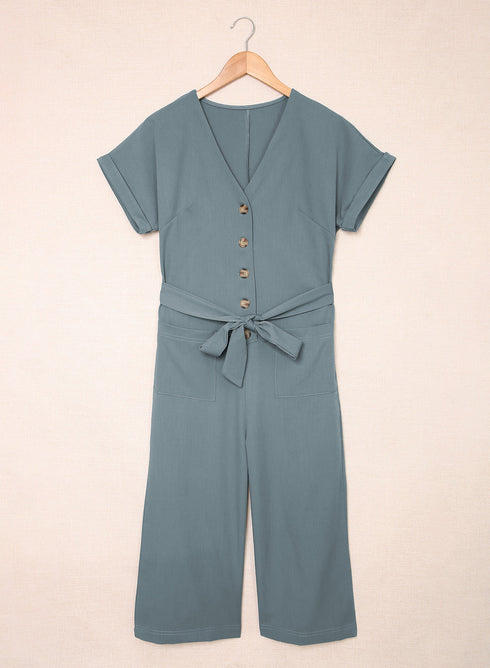 Effortless Style Dolman Sleeve V Neck Button Front Belted Wide Leg Jumpsuit