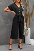 Effortless Style Dolman Sleeve V Neck Button Front Belted Wide Leg Jumpsuit