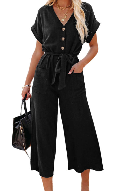 Effortless Style Dolman Sleeve V Neck Button Front Belted Wide Leg Jumpsuit