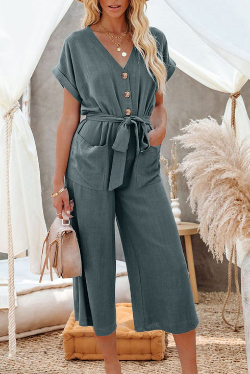 Effortless Style Dolman Sleeve V Neck Button Front Belted Wide Leg Jumpsuit