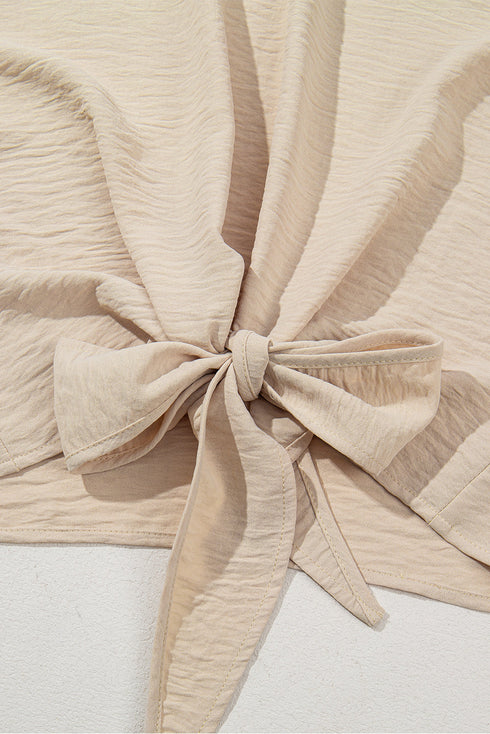 Effortless Style Tie Front Cuffed Sleeve Textured Knit Top