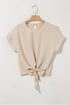 Effortless Style Tie Front Cuffed Sleeve Textured Knit Top