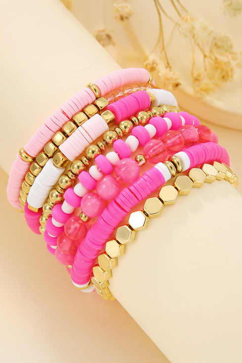 Eight Piece Polymer Clay Beaded Elastic Bracelet Set