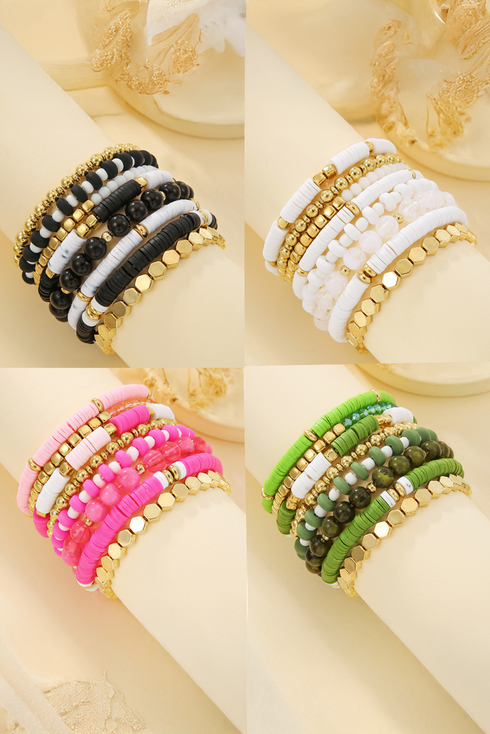Eight Piece Polymer Clay Beaded Elastic Bracelet Set