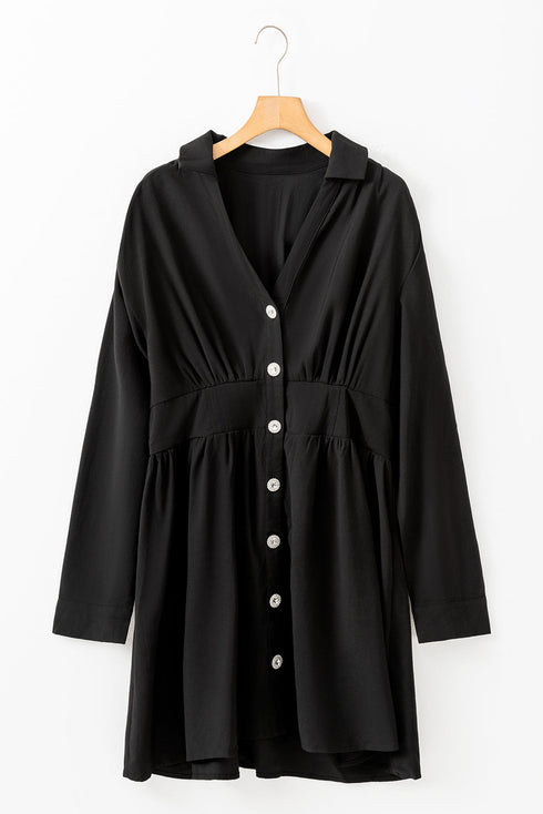 Elastic Cinched High Waist Long Sleeve Shirt Mini Dress