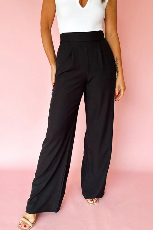 Elastic High Waist Pleated Front Wide Leg Pull On Pants
