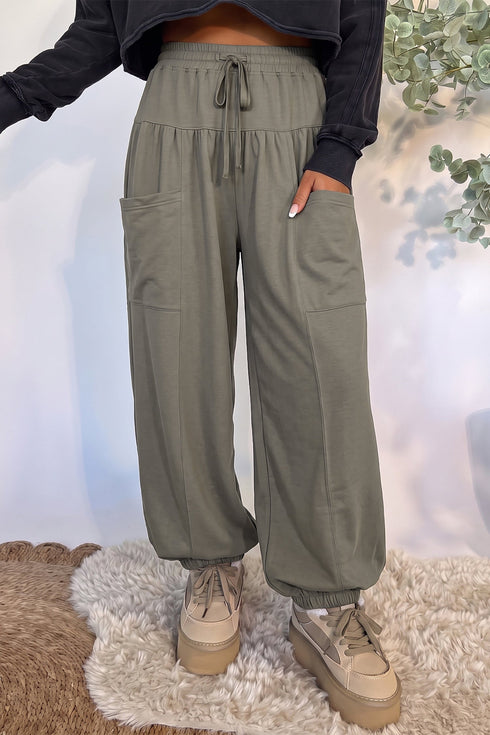 Elastic Waist Drawstring Wide Leg Seamed Full Length Pants