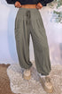 Elastic Waist Drawstring Wide Leg Seamed Full Length Pants