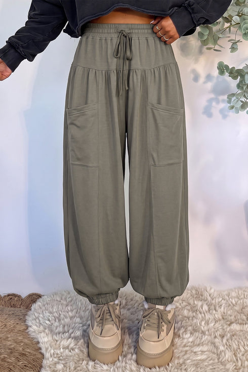 Elastic Waist Drawstring Wide Leg Seamed Full Length Pants