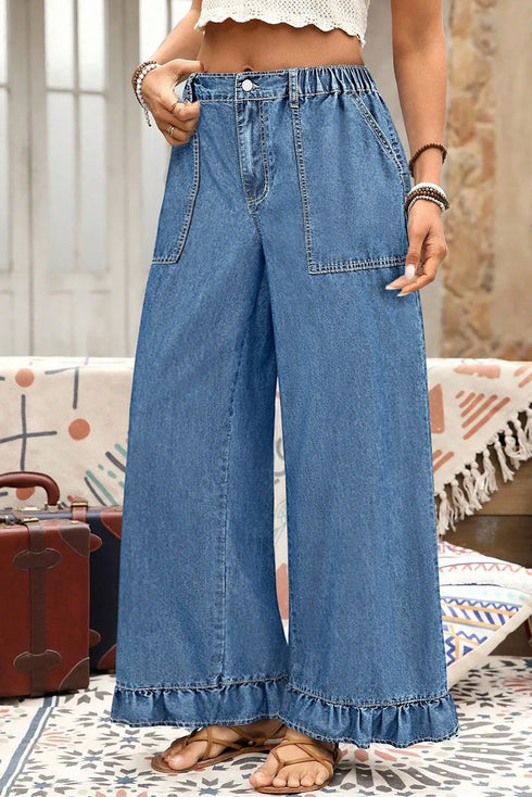 Elastic Waist Ruffled Wide Leg Denim Pants