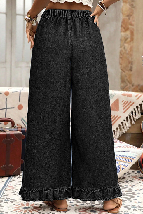 Elastic Waist Ruffled Wide Leg Denim Pants